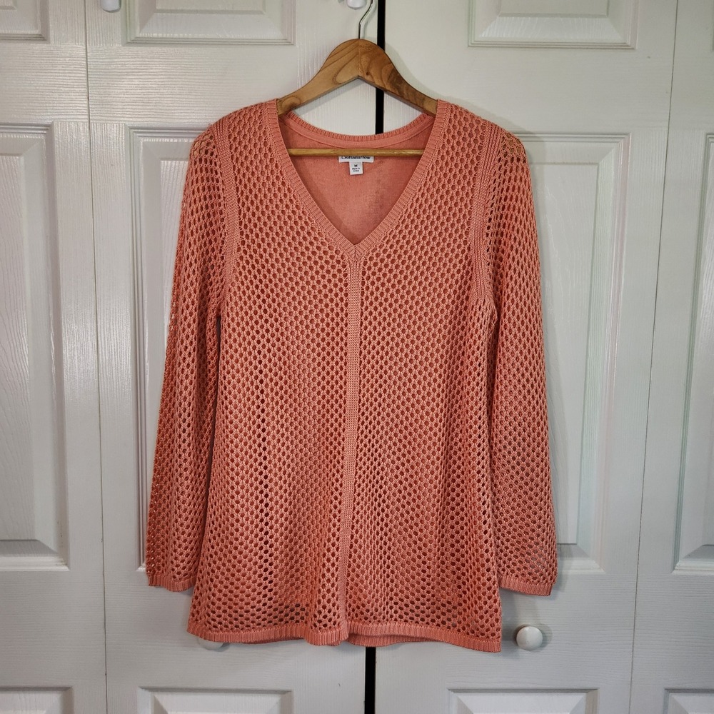 Croft & Barrow Womens Coral Orange Open Knit Mesh Layered V-Neck‎ Sweater Size M